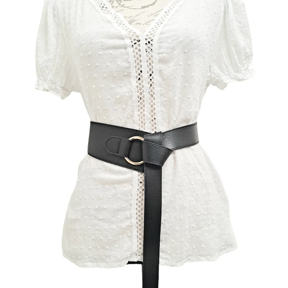Black Wide Waist Belt with Gold Ring Accent